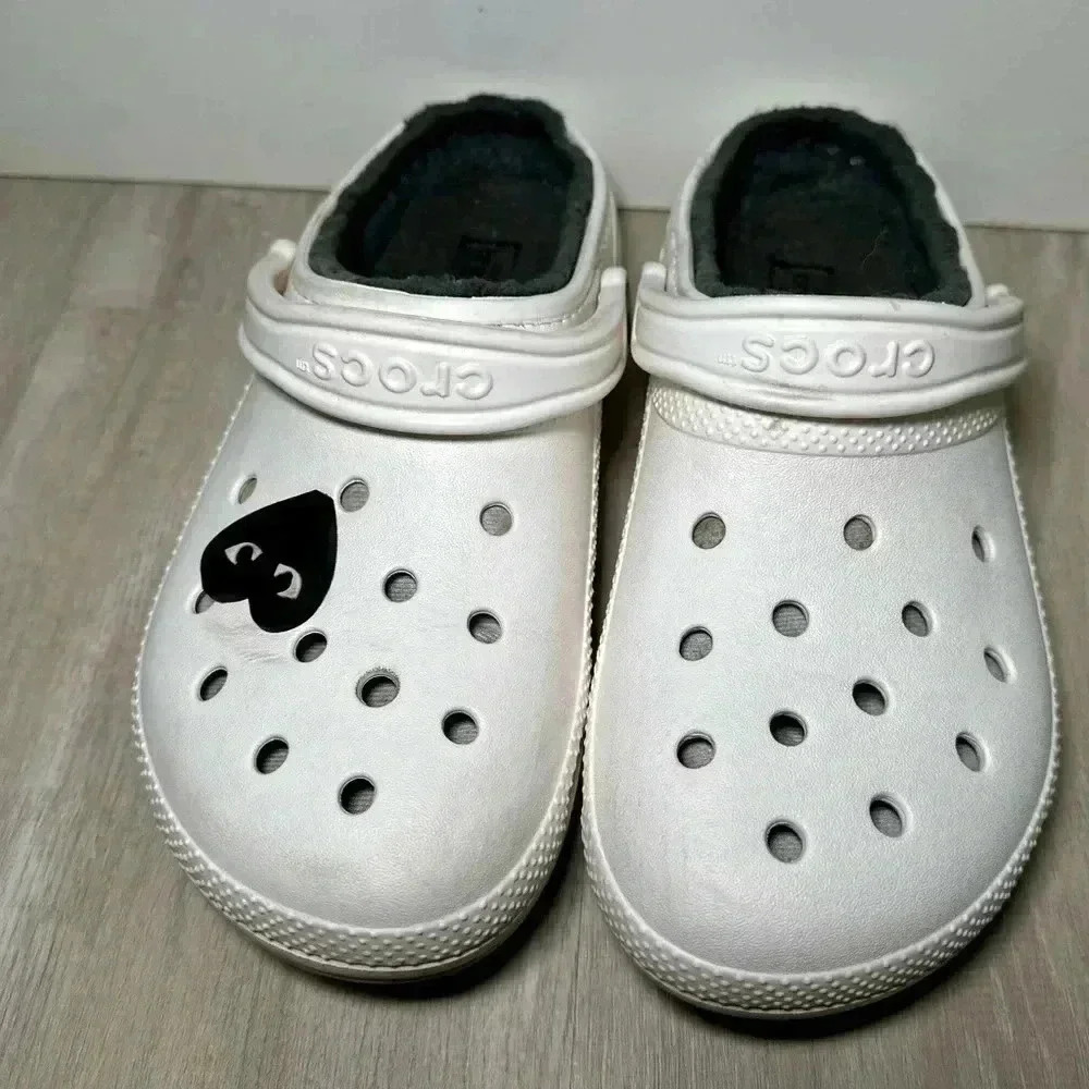 Crocs Classic Lined Clog White Black Heart Logo Women Sz 10
